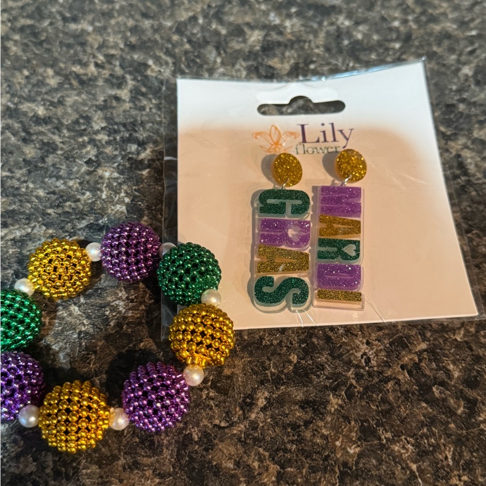 Mardi Gras Kids Bracelet and Earrings Set - Purple, Green, Gold